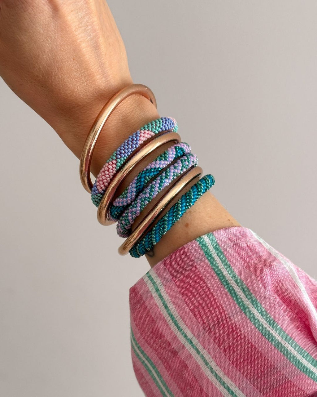 Bracelet Népalais #103 - Vert, Bleu Et Rose