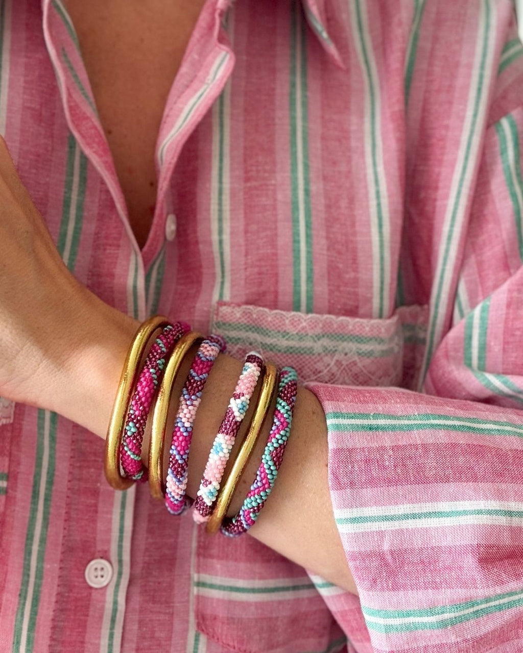 Bracelet Népalais #83 - Rose Et Vert
