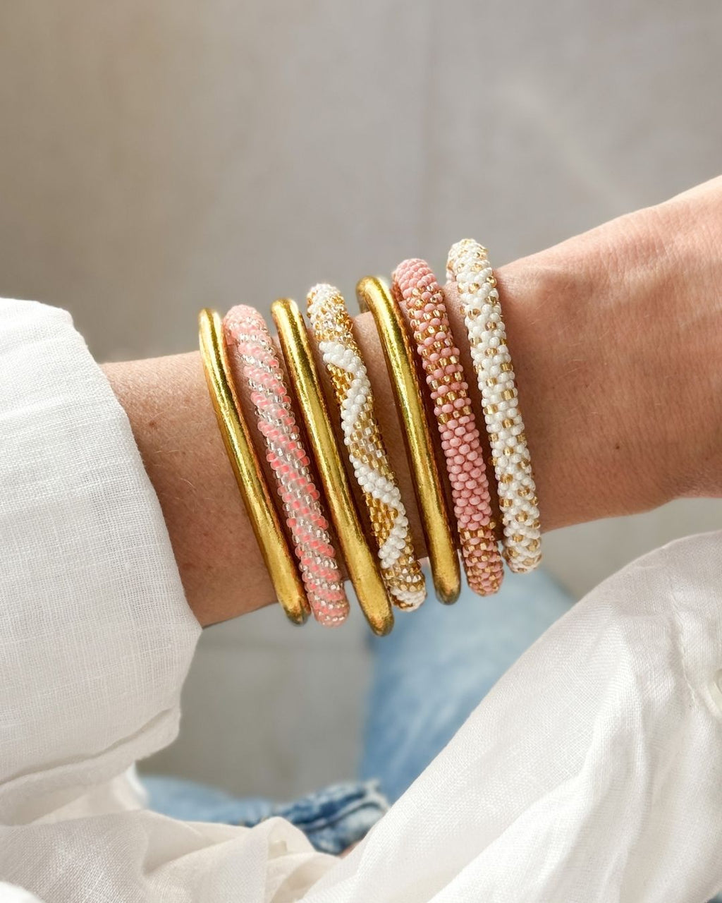 Bracelet Népalais #86 - Blanc Et Doré