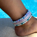 Bracelet Népalais De Cheville - Rose Et Bleu Pastel