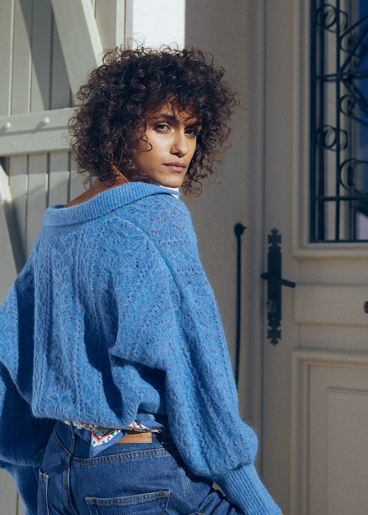Marie Sixtine - Pull Mohair Col Polo  Paillette - Klein