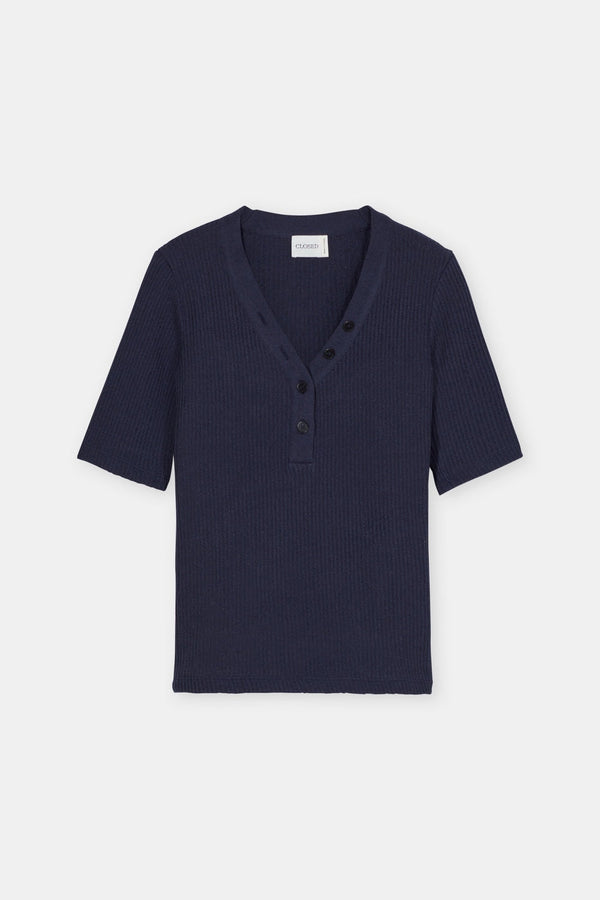 Half Placket V Neck - Dark Night - Femme