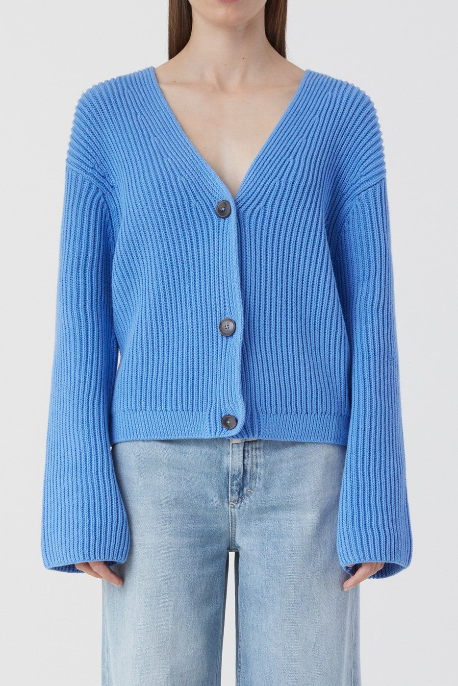 V Cardigan Long Sleeve - Chambray Blue - Femme