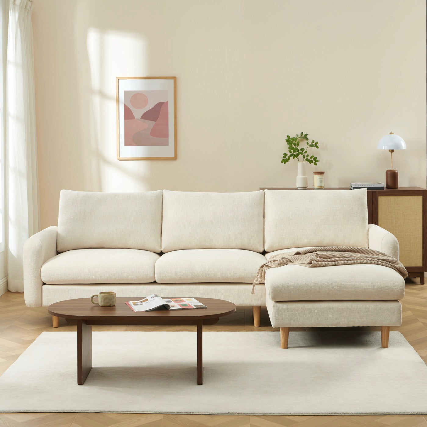 Caliba - Canapé D'Angle Réversible Fixe 4 Places - Tissu Chenille Beige