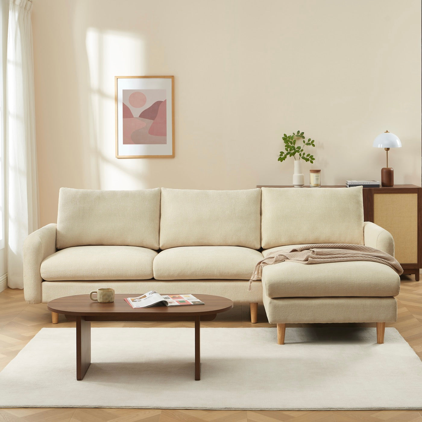 Caliba - Canapé D'Angle Réversible Fixe 4 Places - Tissu Chenille Taupe