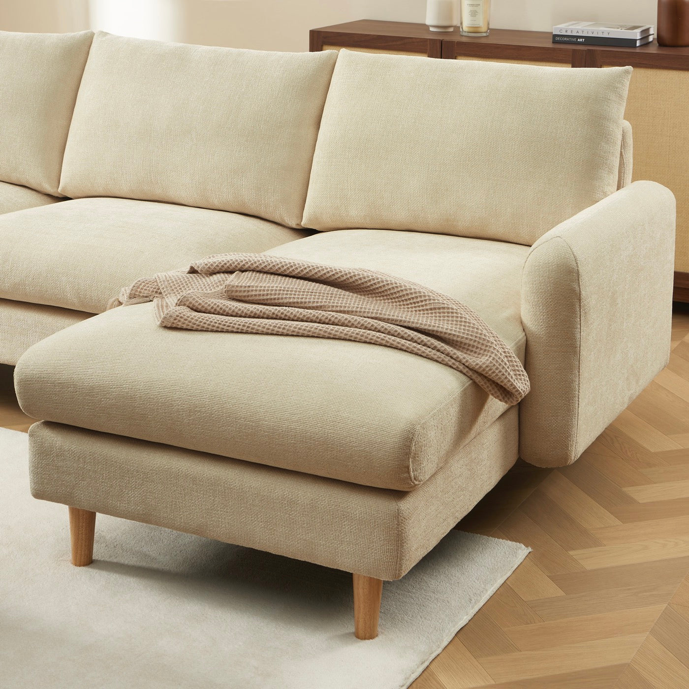 Caliba - Canapé D'Angle Réversible Fixe 4 Places - Tissu Chenille Taupe