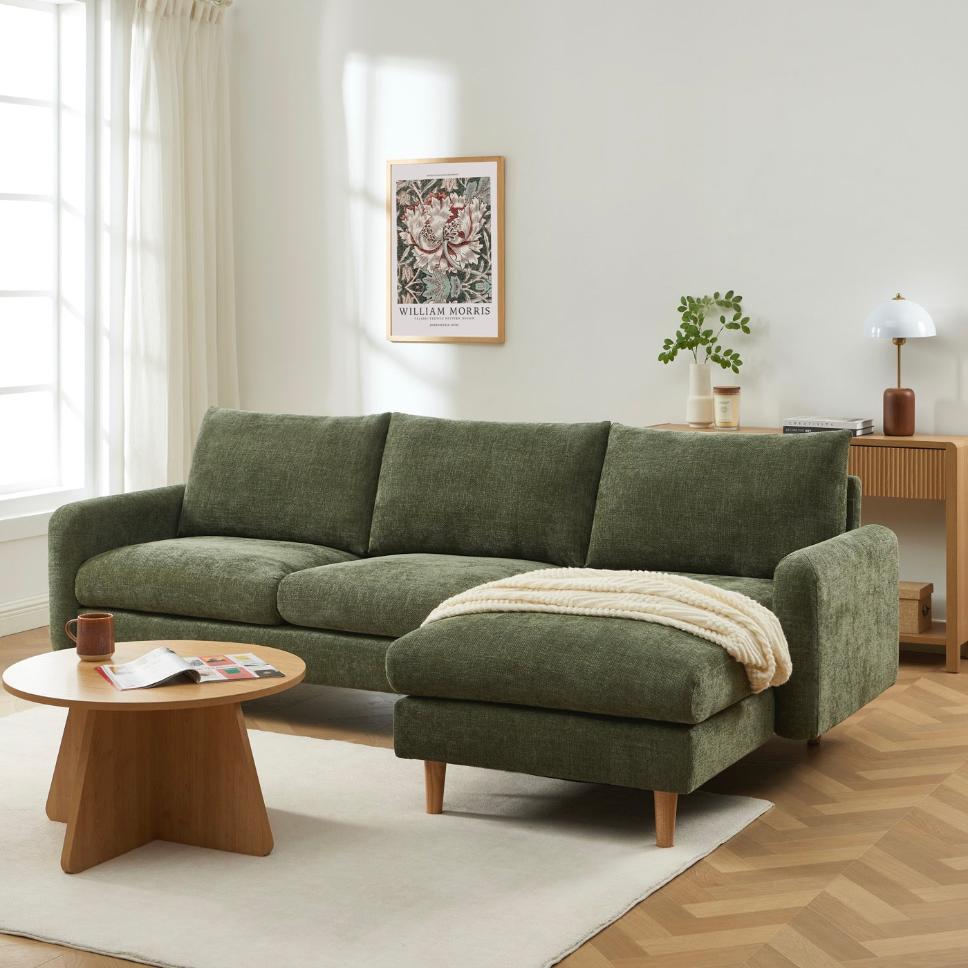Caliba - Canapé D'Angle Réversible Fixe 4 Places - Tissu Chenille Vert