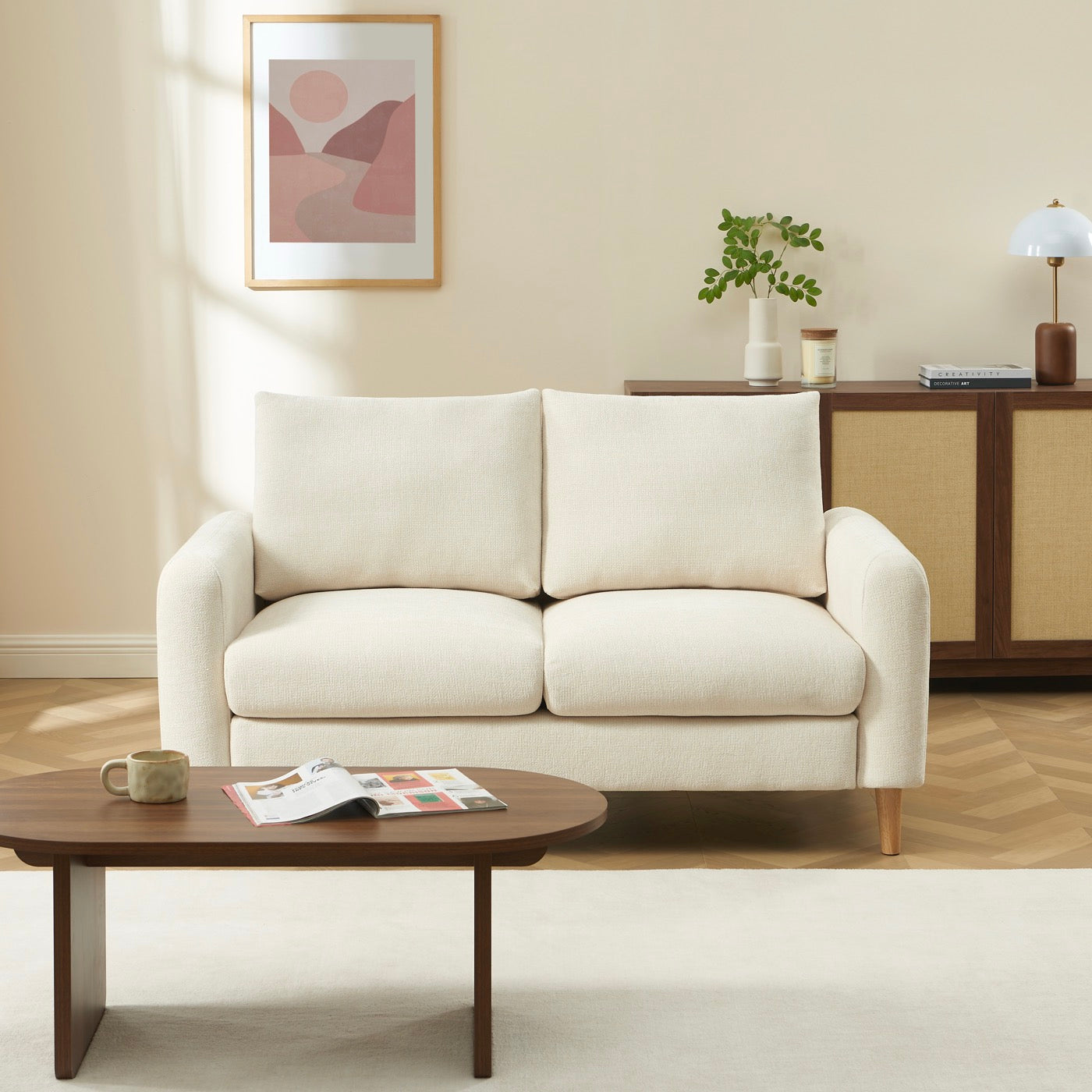 Caliba - Canapé Droit Fixe 2 Places - Tissu Chenille Beige
