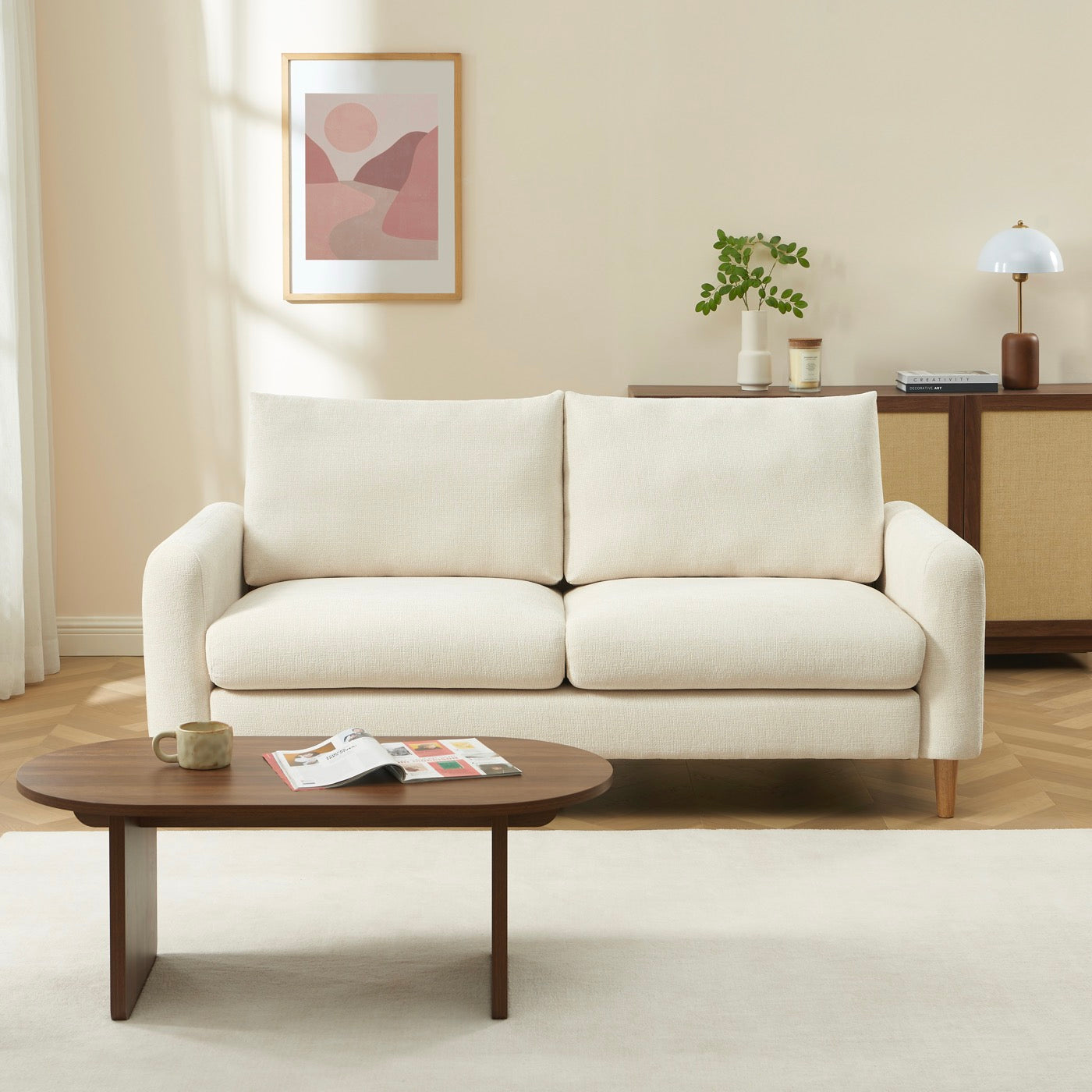 Caliba - Canapé Droit Fixe 3 Places - Tissu Chenille Beige