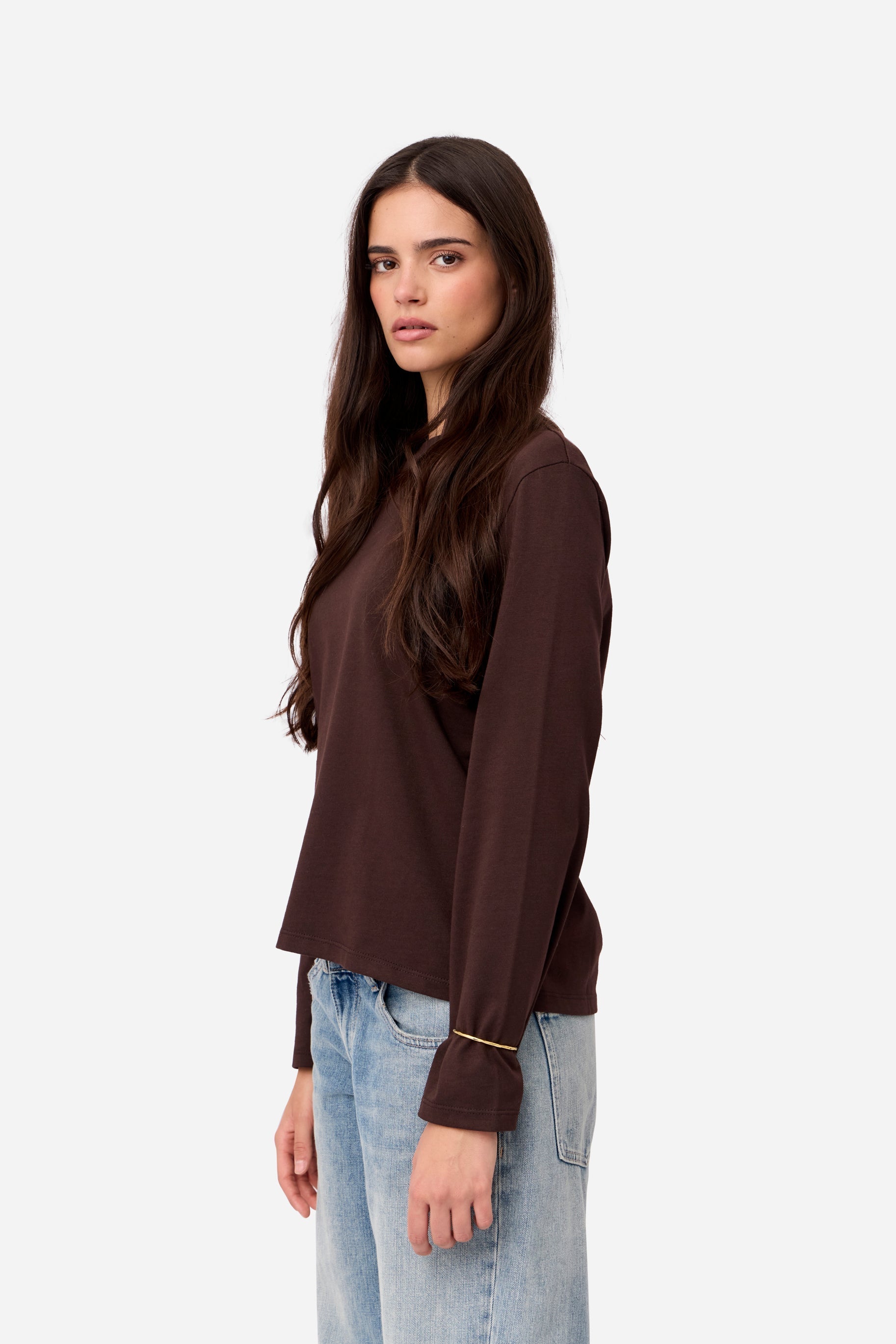 T-Shirt Marron À Manches Longues En Coton