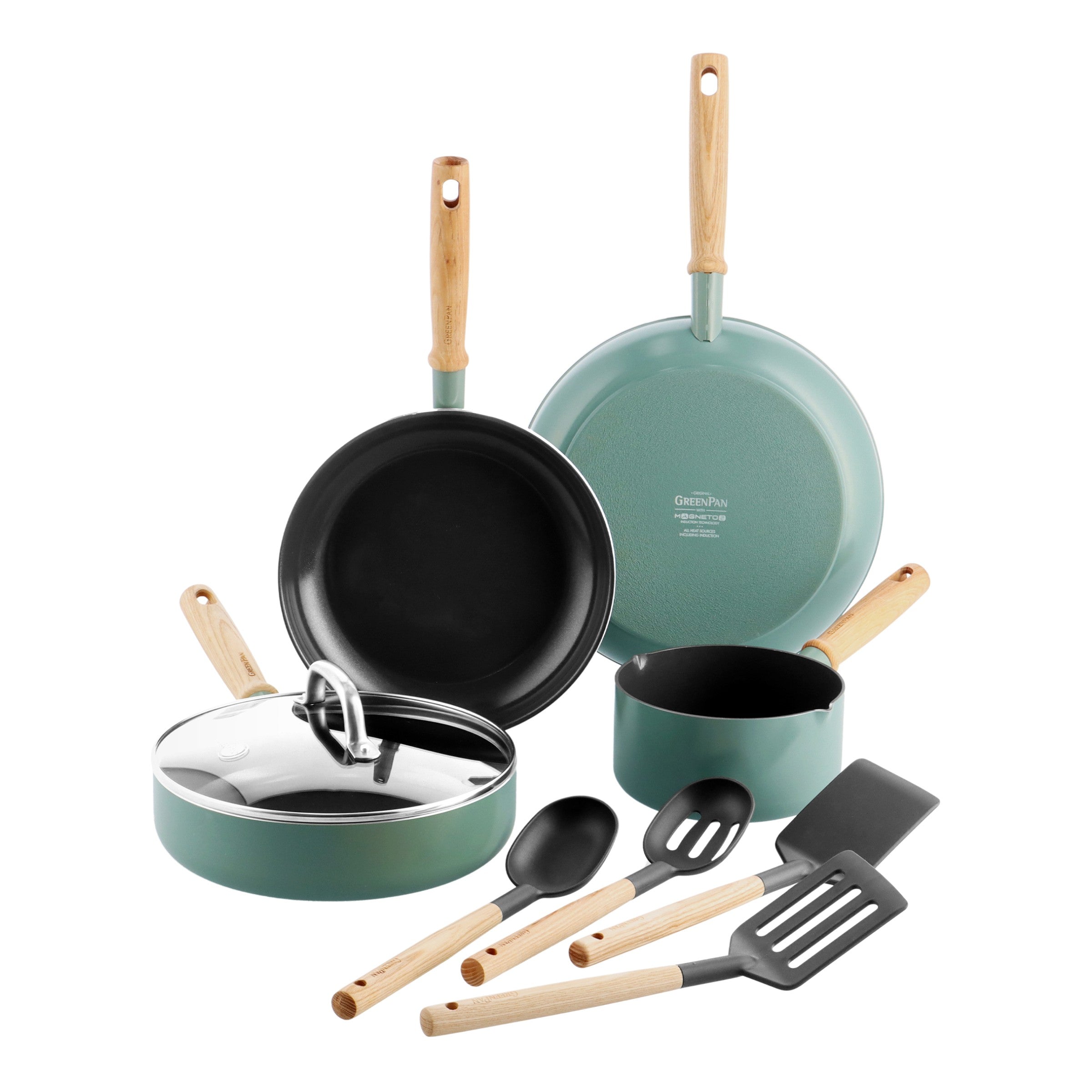 Greepan Mayflower Batterie De Cuisine 4Pcs Avec Couvercle Et Ustensiles - Turquoise