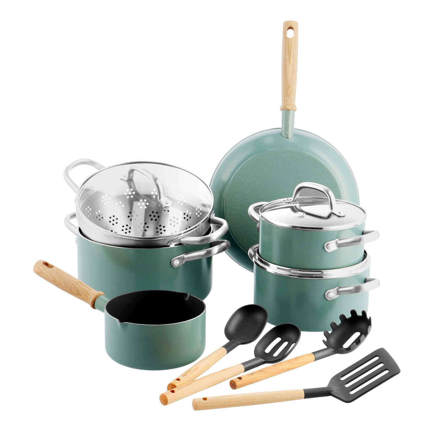 Greepan Mayflower Batterie De Cuisine 6Pcs Et Couvercles Et Ustensiles - Turquoise