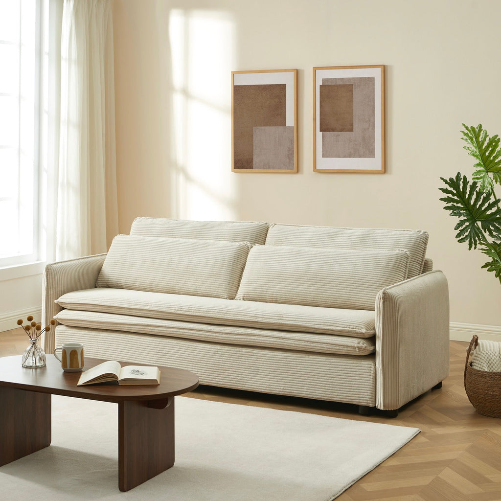 Cibola - Canapé Droit Convertible 3 Places - Velours Côtelé Beige