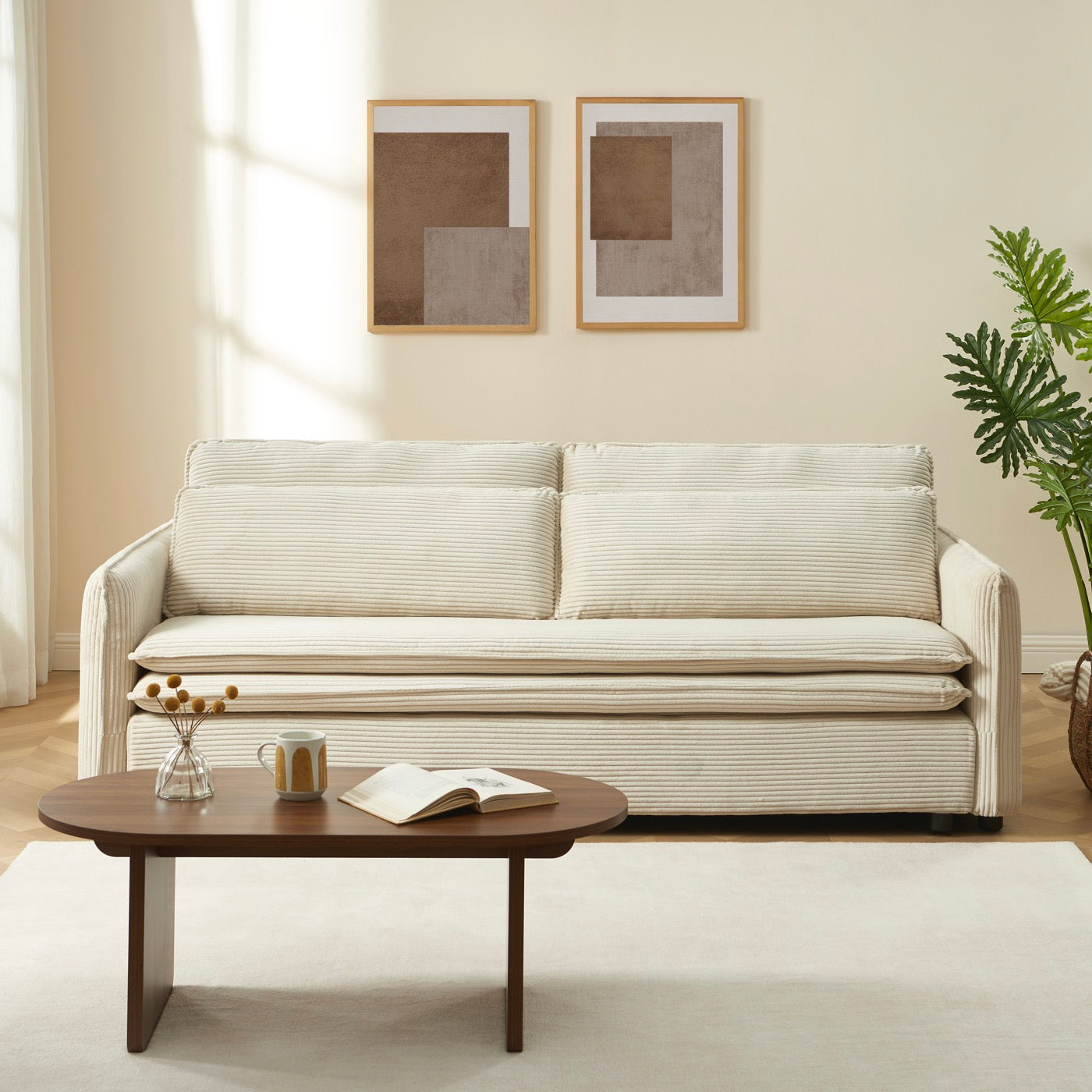 Cibola - Canapé Droit Convertible 3 Places - Velours Côtelé Beige