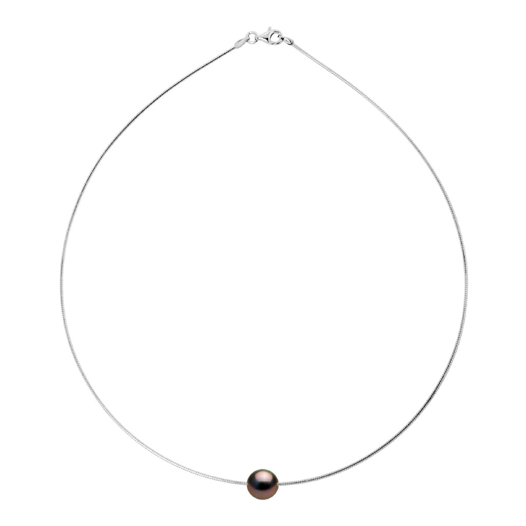 Collier Omega En Argent Rhodié 925 Millièmes Et Véritable Perle De Culture De Tahiti Ronde 9-10 Mm
