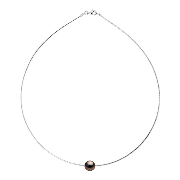 Collier Omega En Argent Rhodié 925 Millièmes Et Véritable Perle De Culture De Tahiti Ronde 9-10 Mm