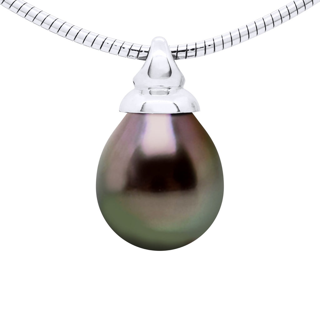 Collier Omega Véritable Perle De Culture De Tahiti Poire 9-10 Mm En Pendentif