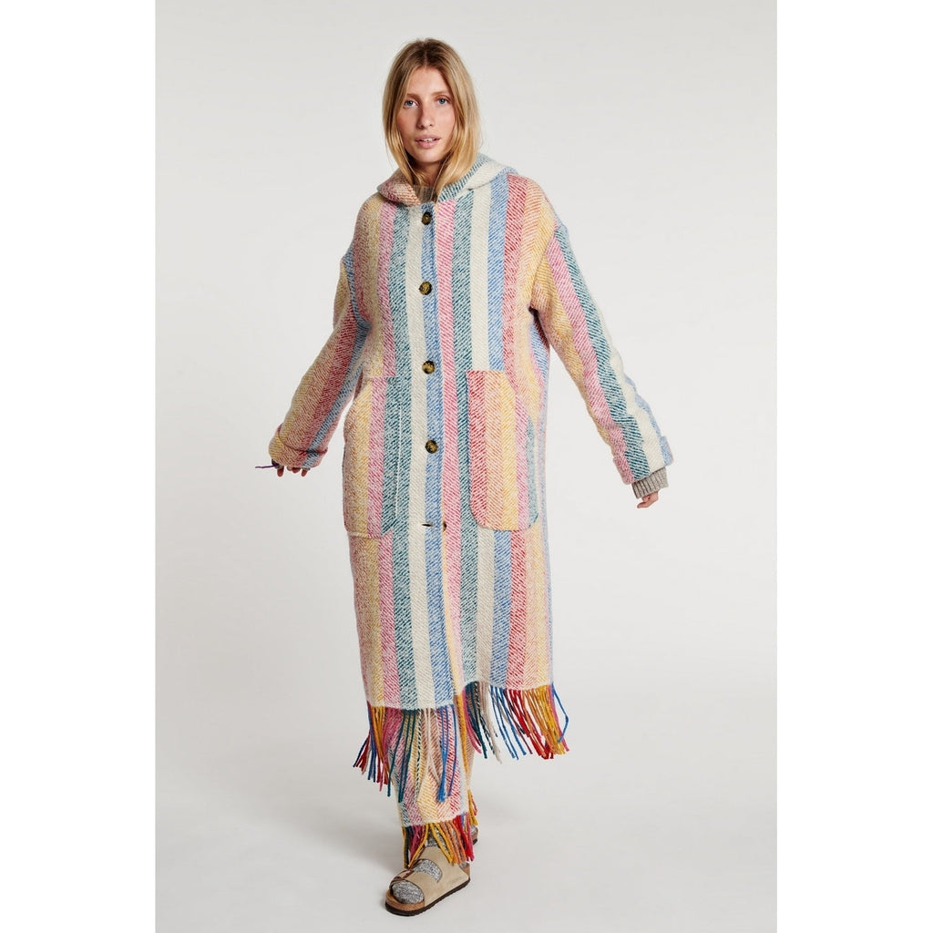 Manteau Stripe Blanket Fringe Hooded