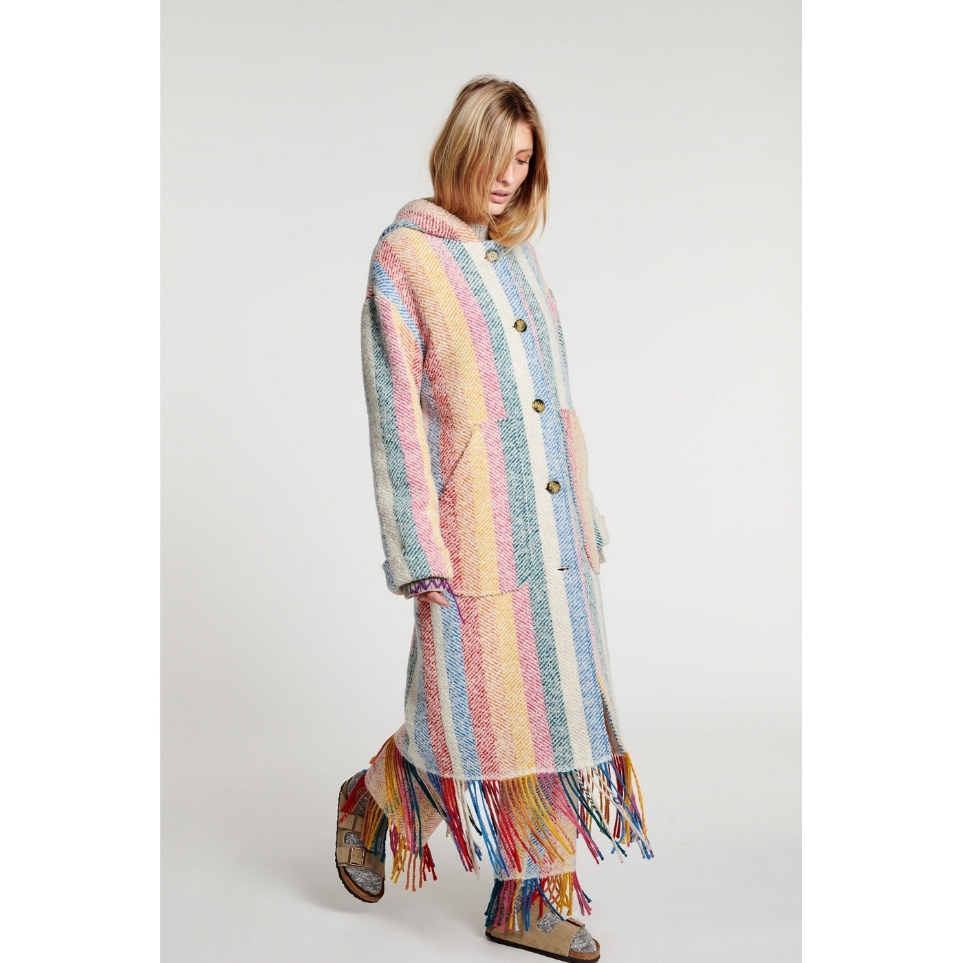 Manteau Stripe Blanket Fringe Hooded