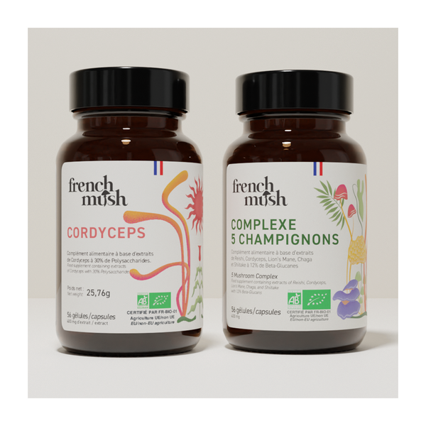French Mush compléments alimentaires à base d'extraits de champignons médicinaux biologiques fabriqués en France Complexe Champignons 5 - Cordyceps Bio - gélules -