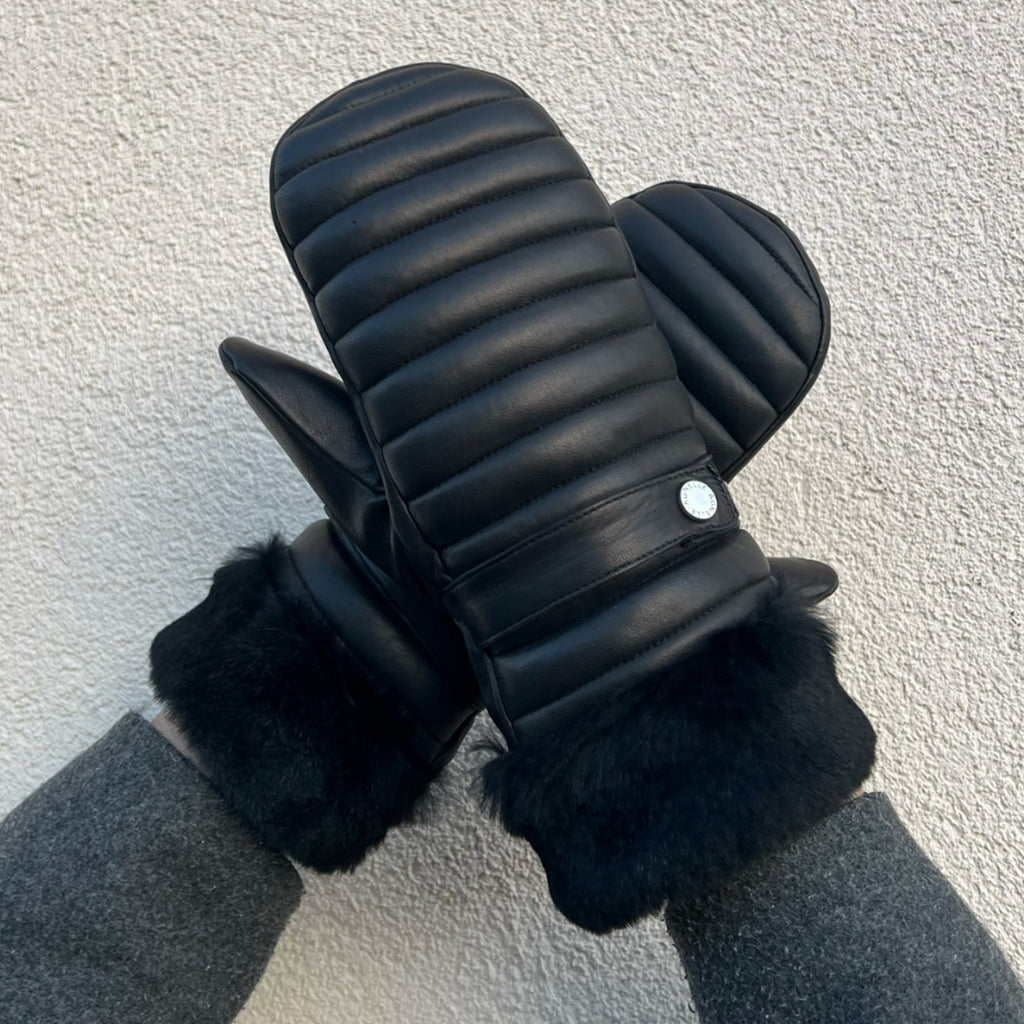 Mouffles Courchevel Cuir Doublés Lapin - Noir - Femme
