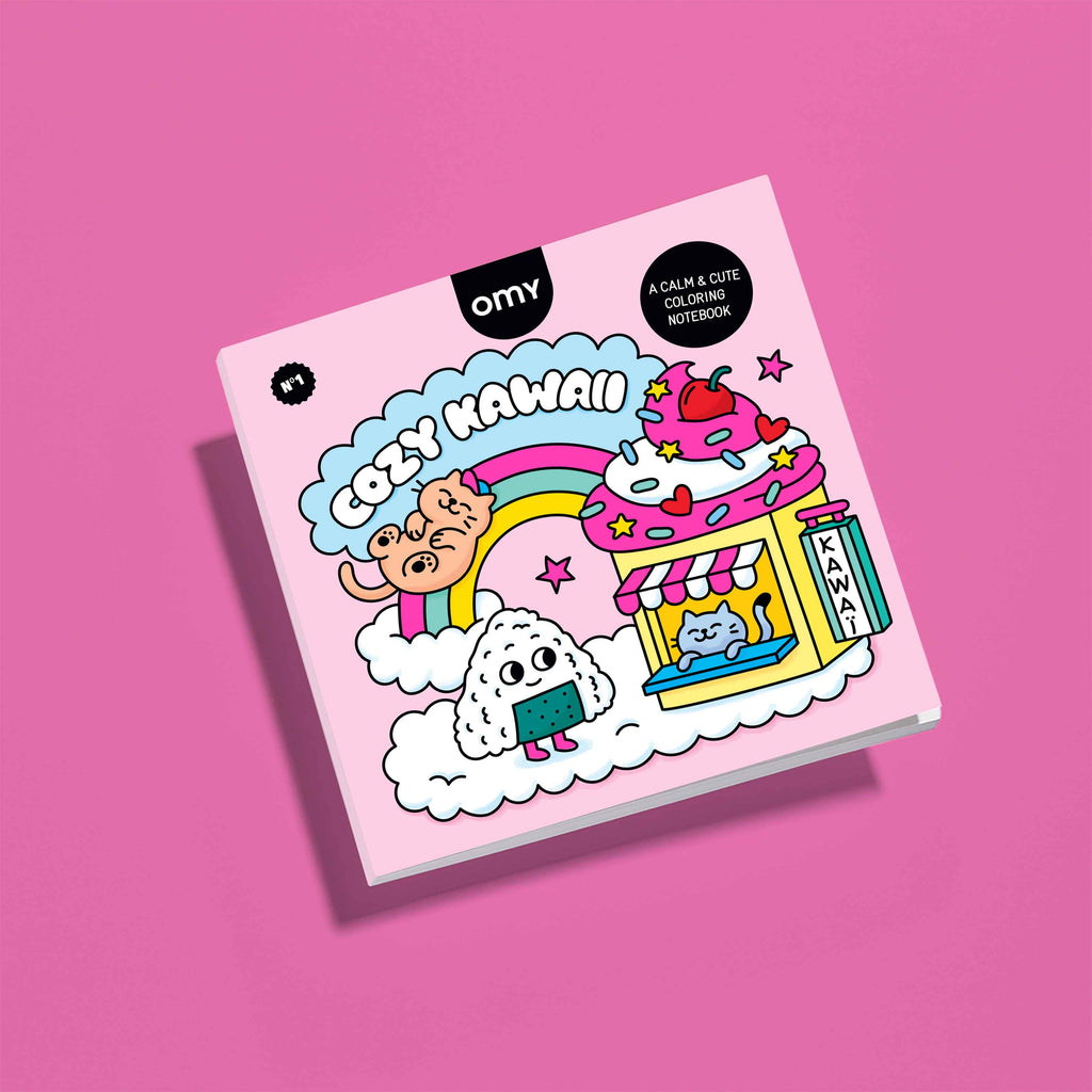 Cahier de coloriage OMY Cozy Art Kawaii avec personnages kawaii, arc-en-ciel, pâtisserie et univers mignon à colorier - carnet de coloriage apaisant pour enfants et adultes