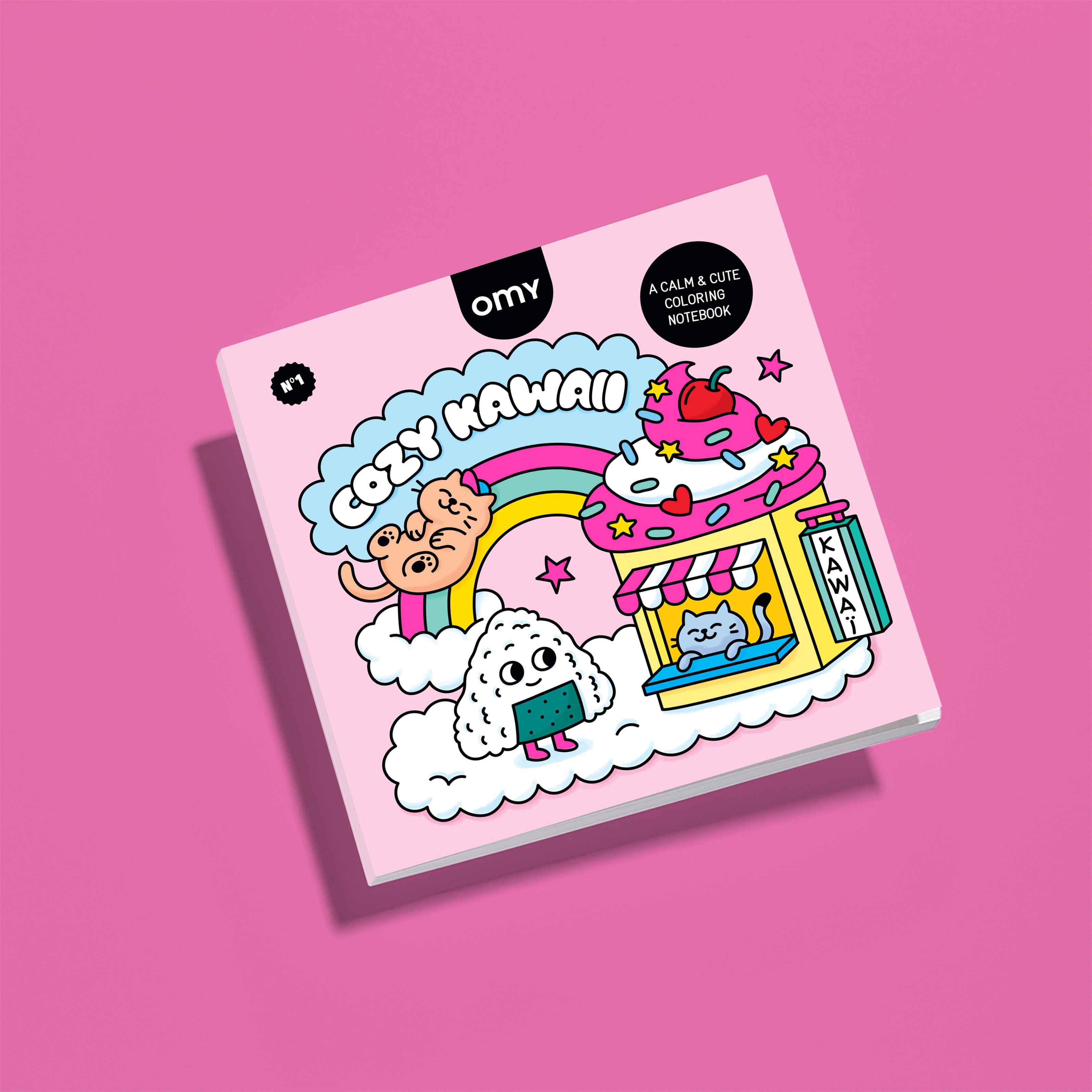 Cahier de coloriage OMY Cozy Art Kawaii avec personnages kawaii, arc-en-ciel, pâtisserie et univers mignon à colorier - carnet de coloriage apaisant pour enfants et adultes
