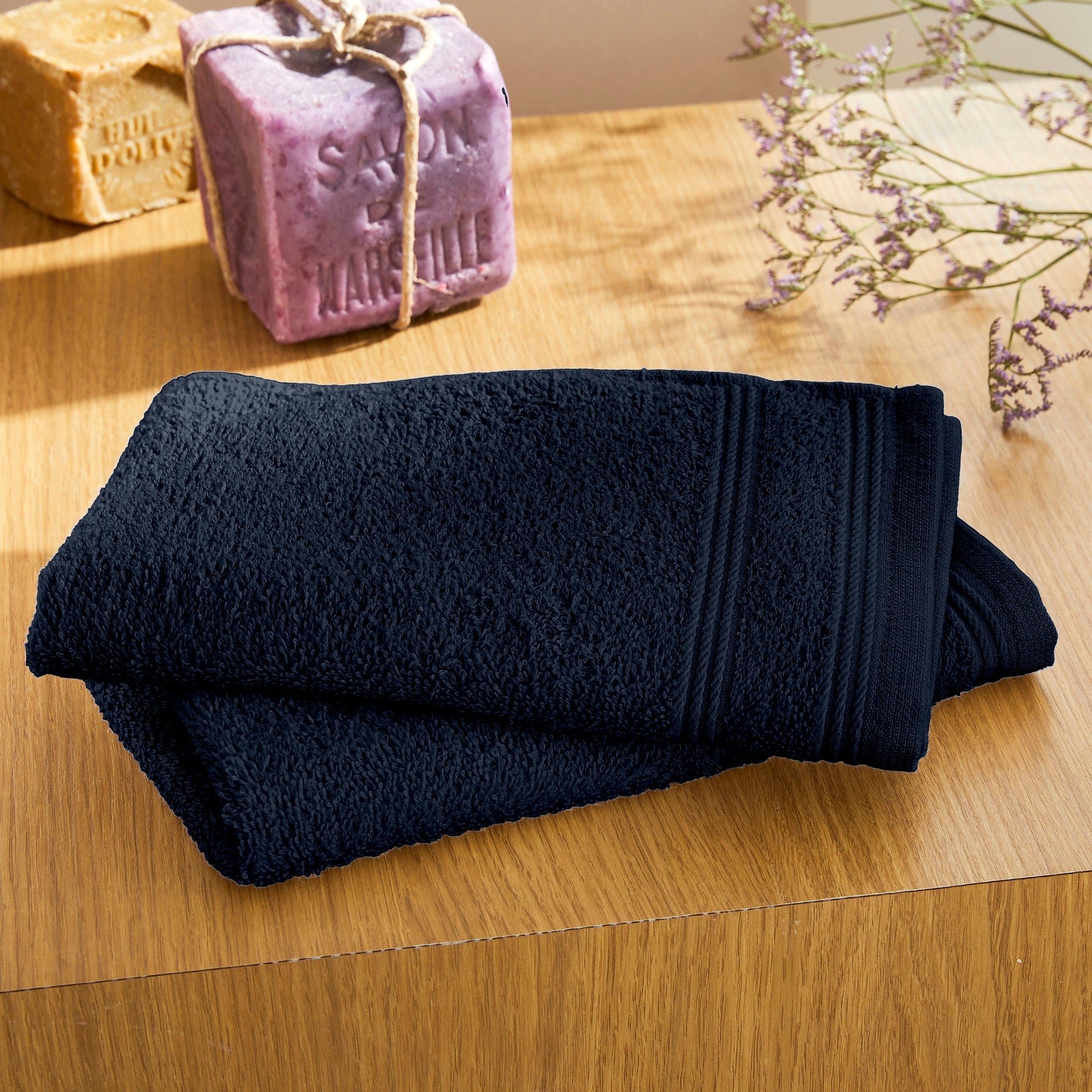 Serviettes Invité "Spa" - 100% Coton - Bleu Nuit