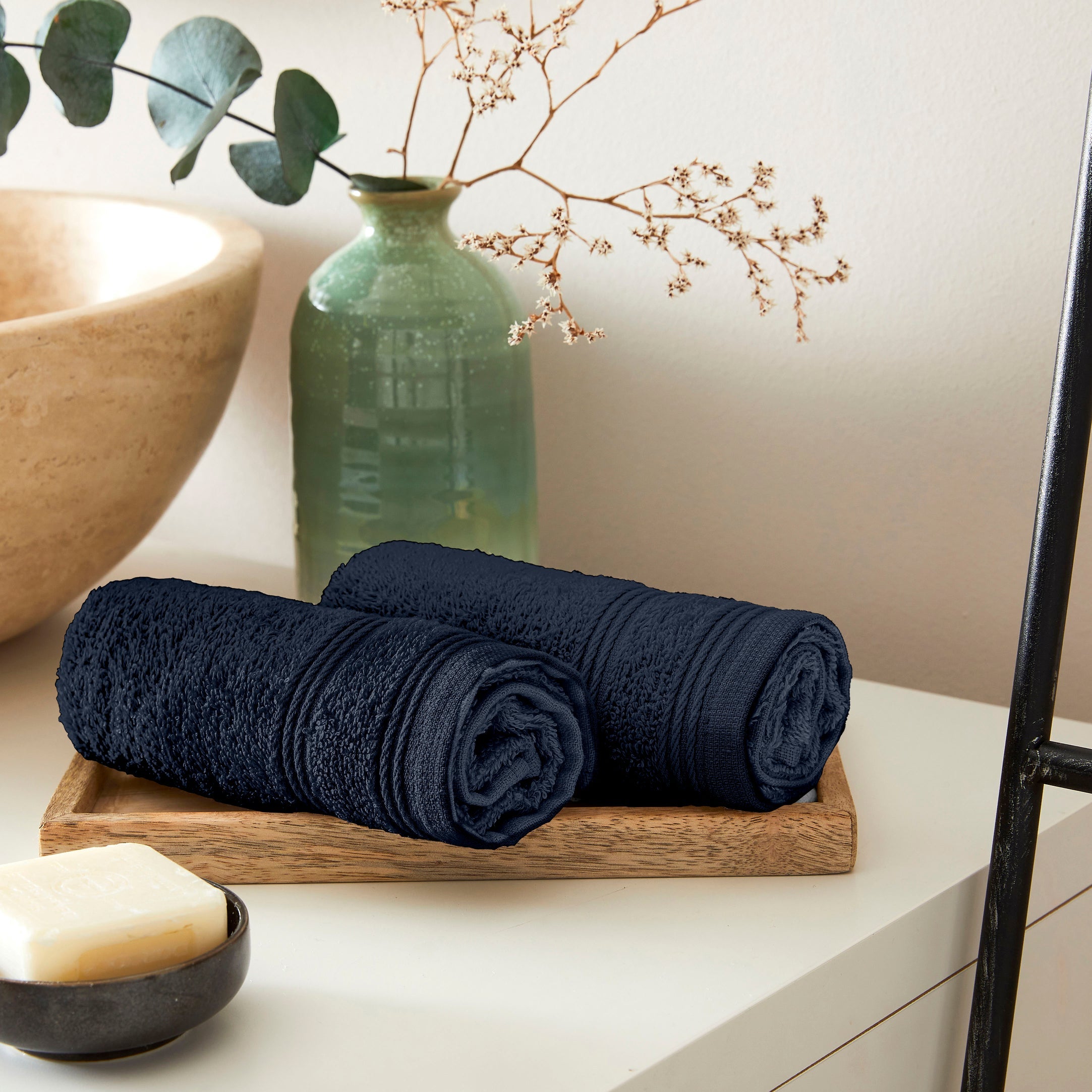 Serviettes Invité "Spa" - 100% Coton - Bleu Nuit