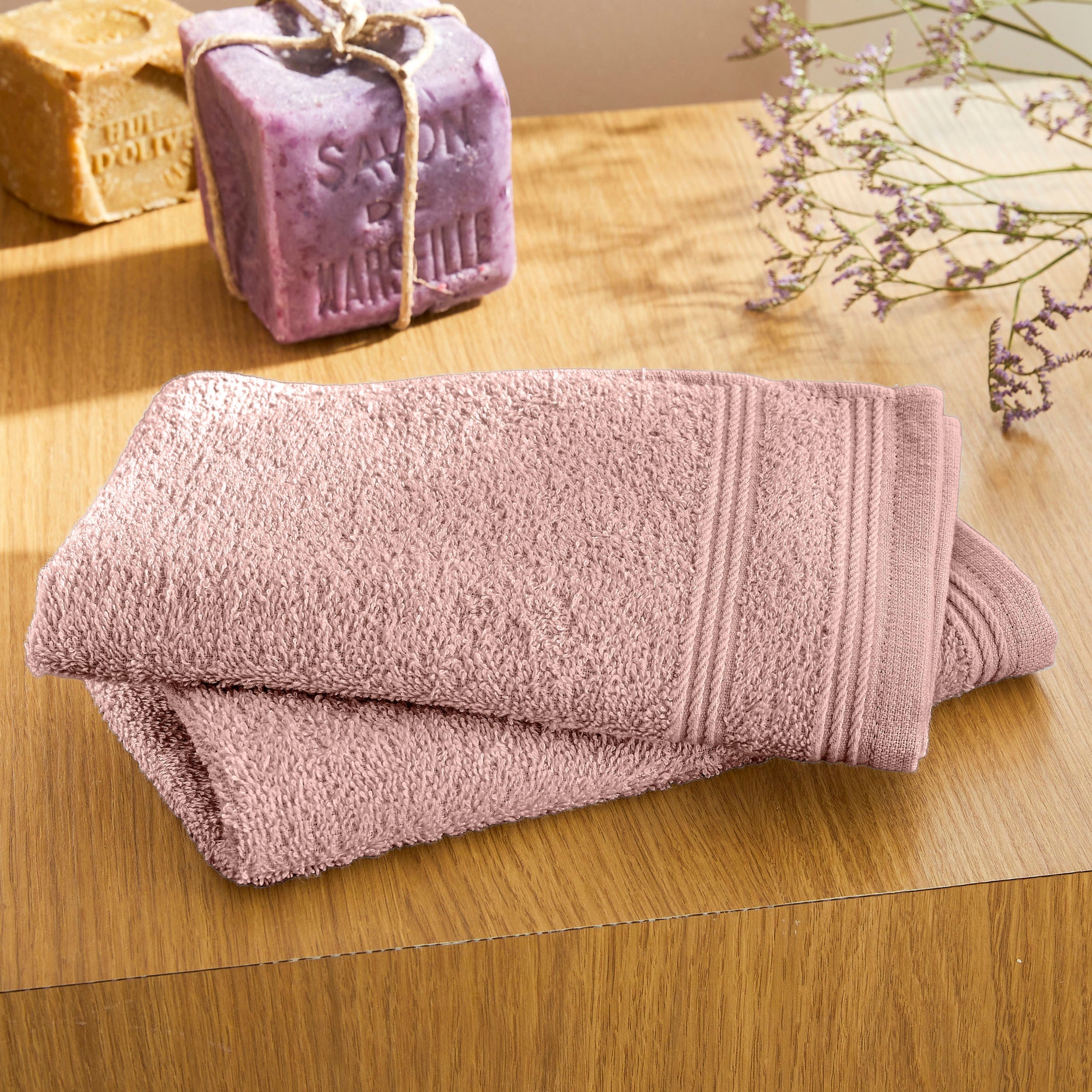 Serviettes Invité "Spa" - 100% Coton - Vieux Rose