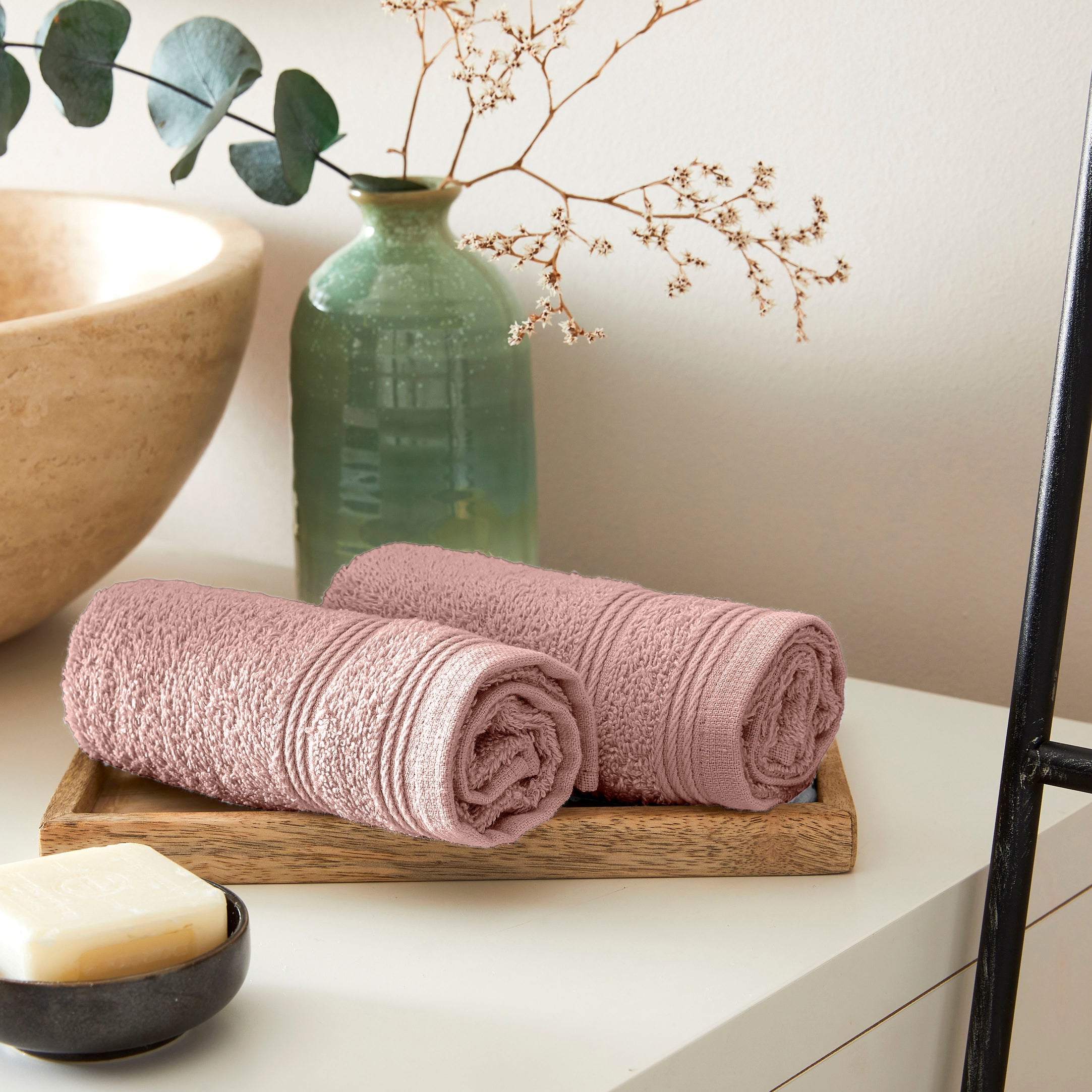 Serviettes Invité "Spa" - 100% Coton - Vieux Rose