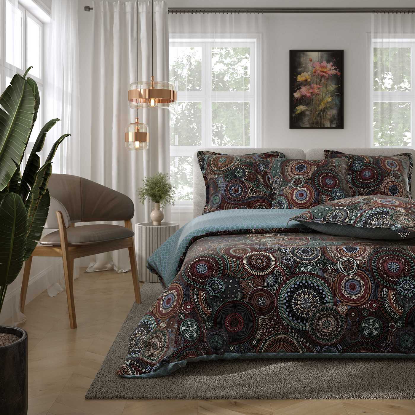 Parure De Couette "Imprimé Double Face" + 2 Taies D'Oreiller Volant Plat Piqué - 100% Percale Pur Coton Peigné 80 Fils/Cm2 - Oscar