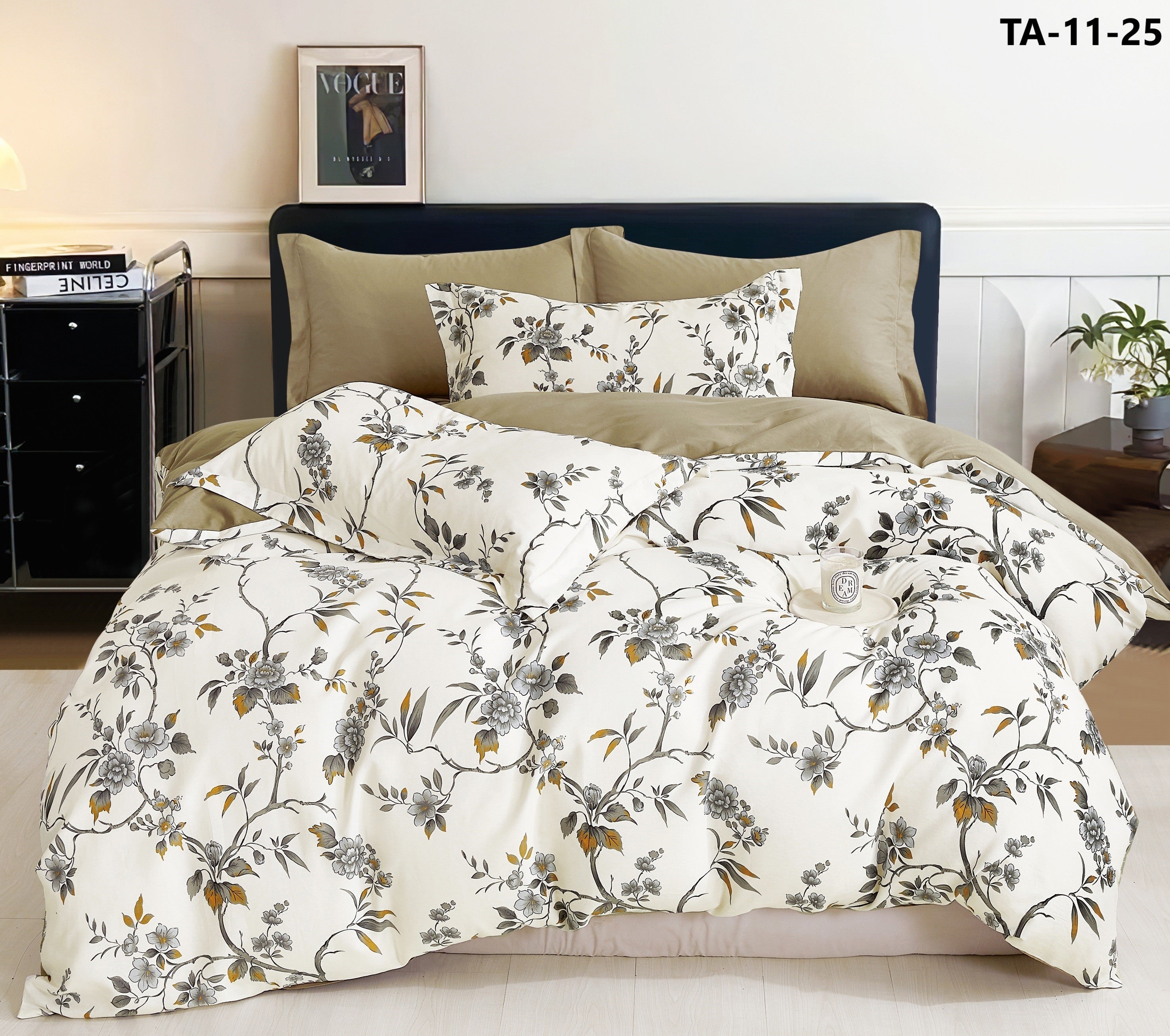 Parure De Couette "Imprimé Double Face" + 2 Taies D'Oreiller - 100% Percale Pur Coton - Shadow Bloom