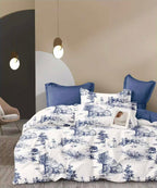 Parure De Couette Imprimé Double Face + 2 Taies D'Oreiller Volant Plat Piqué - 100% Percale Pur Coton Peigné