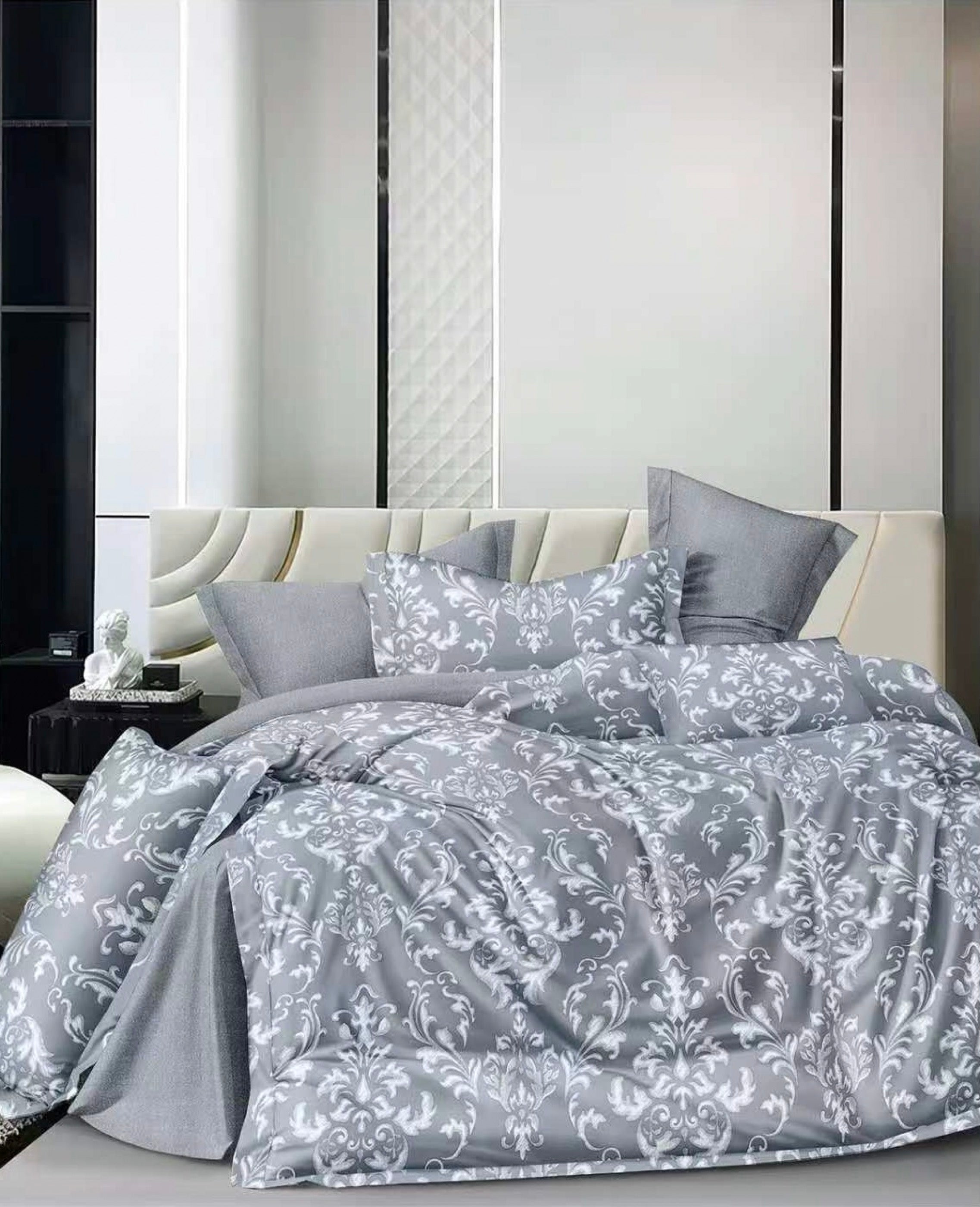 Parure De Couette Imprimé Double Face + 2 Taies D'Oreiller Volant Plat Piqué - 100% Percale Pur Coton Peigné
