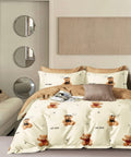 Parure De Couette Imprimé Double Face + 2 Taies D'Oreiller Volant Plat Piqué - 100% Percale Pur Coton Peigné
