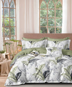 Parure De Couette Imprimé Double Face + 2 Taies D'Oreiller Volant Plat Piqué - 100% Percale Pur Coton Peigné