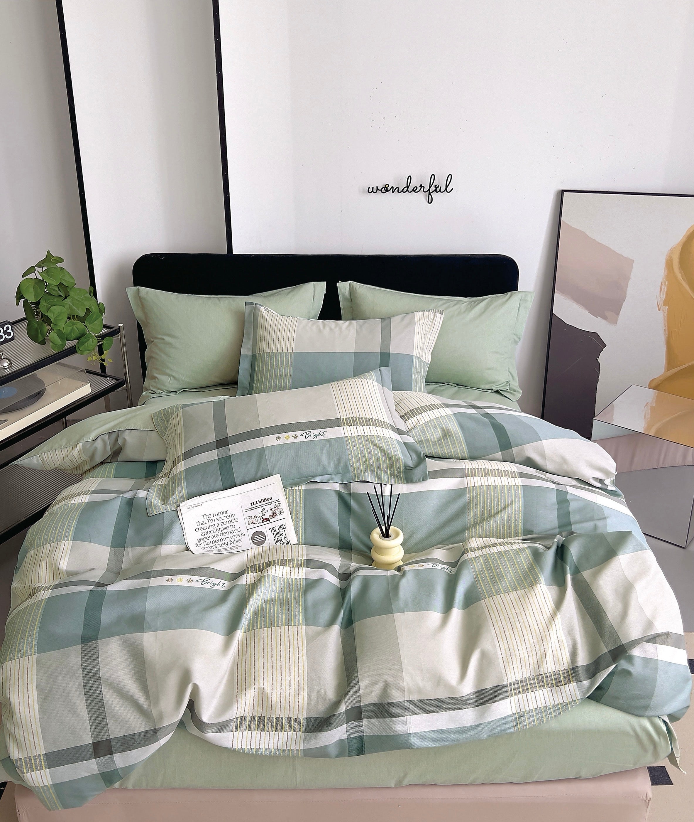 Parure De Couette Imprimé Double Face + 2 Taies D'Oreiller Volant Plat Piqué - 100% Percale Pur Coton Peigné