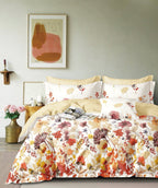 Parure De Couette Imprimé Double Face + 2 Taies D'Oreiller Volant Plat Piqué - 100% Percale Pur Coton Peigné