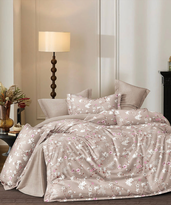 Parure De Couette Imprimé Double Face + 2 Taies D'Oreiller Volant Plat Piqué - 100% Percale Pur Coton Peigné