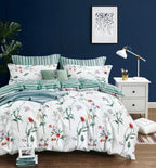 Parure De Couette Imprimé Double Face + 2 Taies D'Oreiller Volant Plat Piqué - 100% Percale Pur Coton Peigné