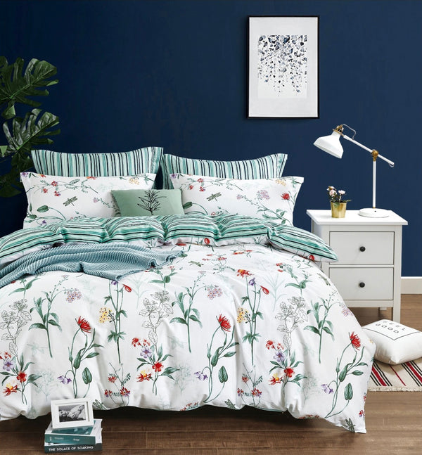 Parure De Couette Imprimé Double Face + 2 Taies D'Oreiller Volant Plat Piqué - 100% Percale Pur Coton Peigné