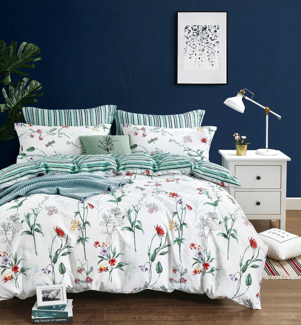 Parure De Couette Imprimé Double Face + 2 Taies D'Oreiller Volant Plat Piqué - 100% Percale Pur Coton Peigné