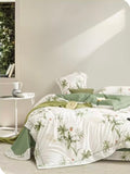 Parure De Couette Imprimé Double Face + 2 Taies D'Oreiller Volant Plat Piqué - 100% Percale Pur Coton Peigné