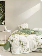 Parure De Couette Imprimé Double Face + 2 Taies D'Oreiller Volant Plat Piqué - 100% Percale Pur Coton Peigné