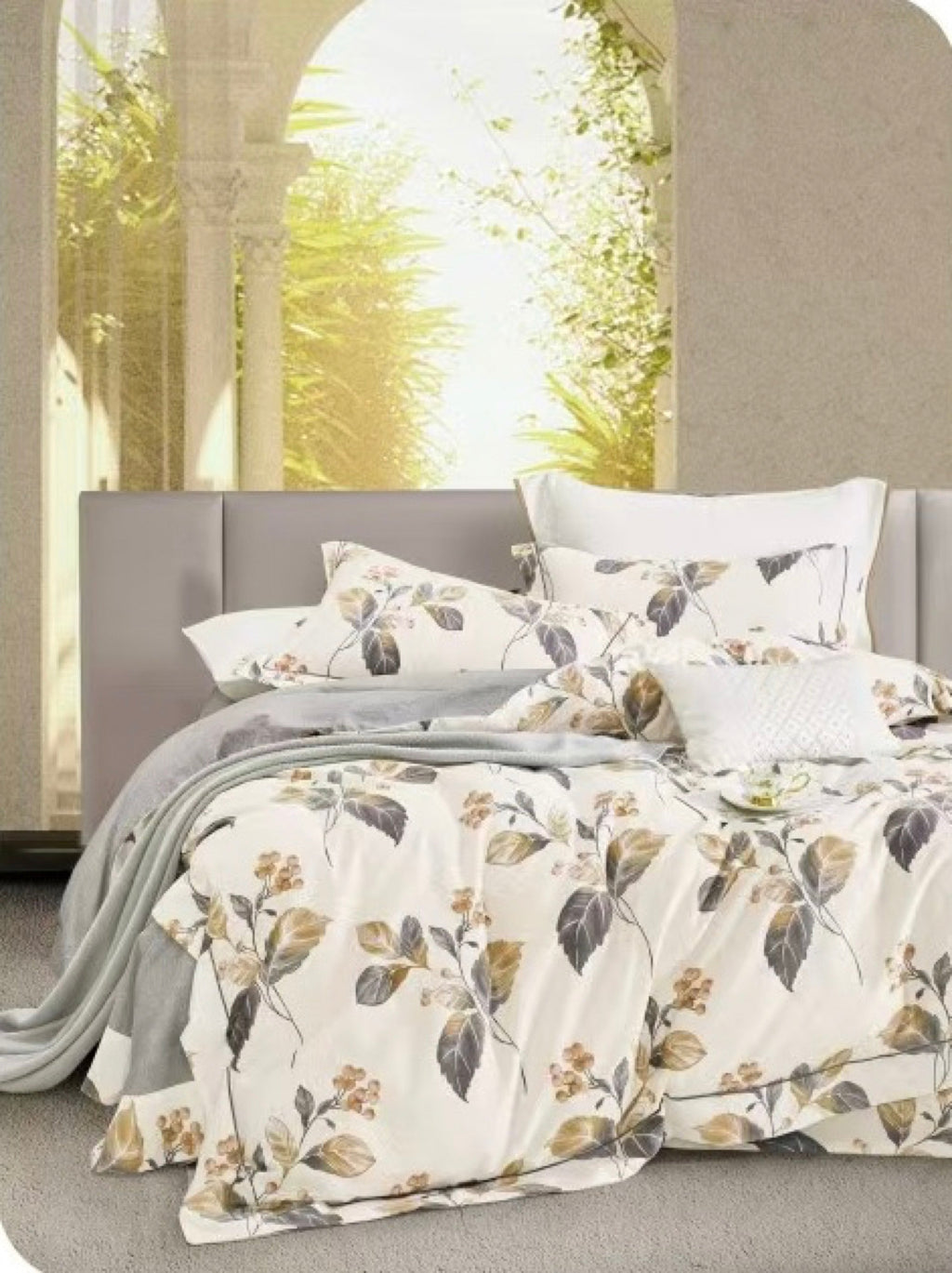 Parure De Couette Imprimé Double Face + 2 Taies D'Oreiller Volant Plat Piqué - 100% Percale Pur Coton Peigné
