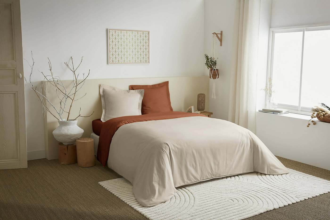Parure De Couette 3 Pièces Réversible - 100% Coton - Sable/Paprika