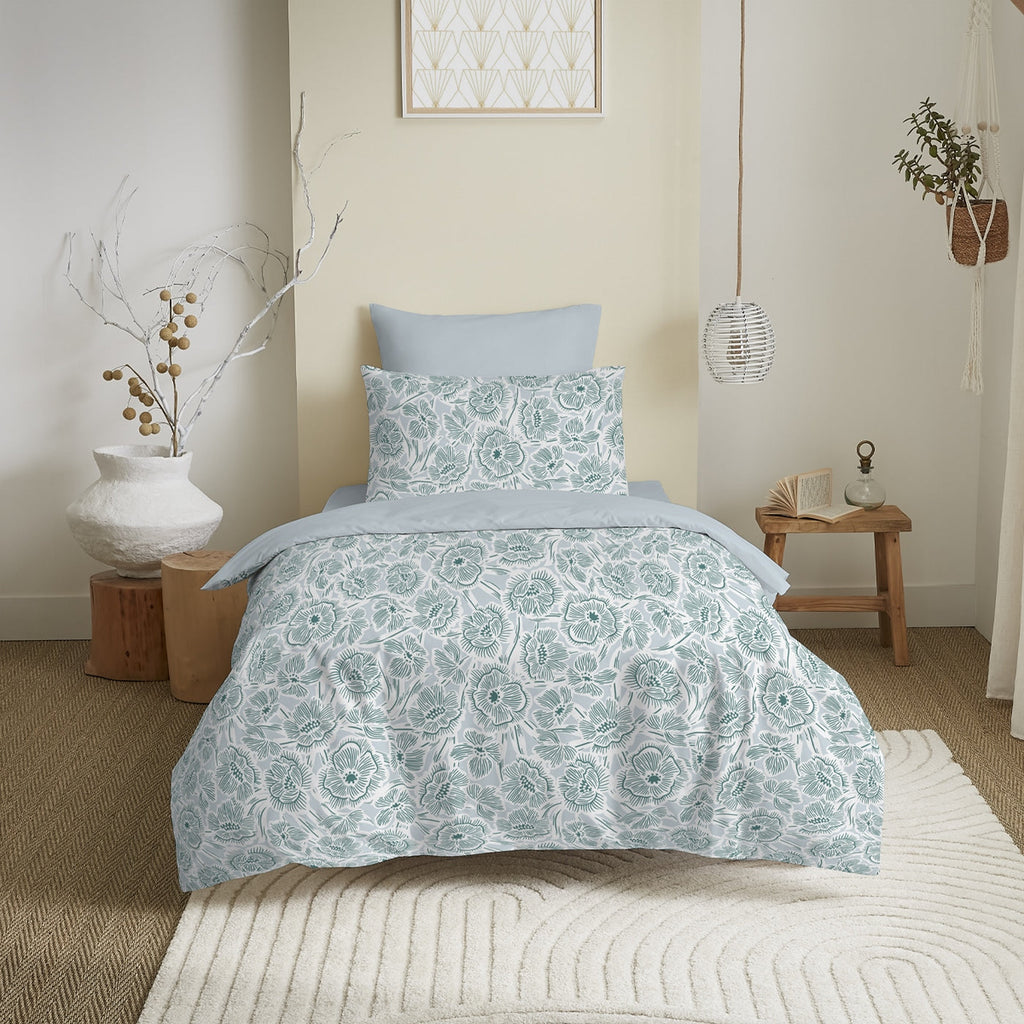Pack Complet Imprimé (Housse De Couette + Taie(s) + Drap Housse) - 100% Coton 57 Fils - Agathe Celadon