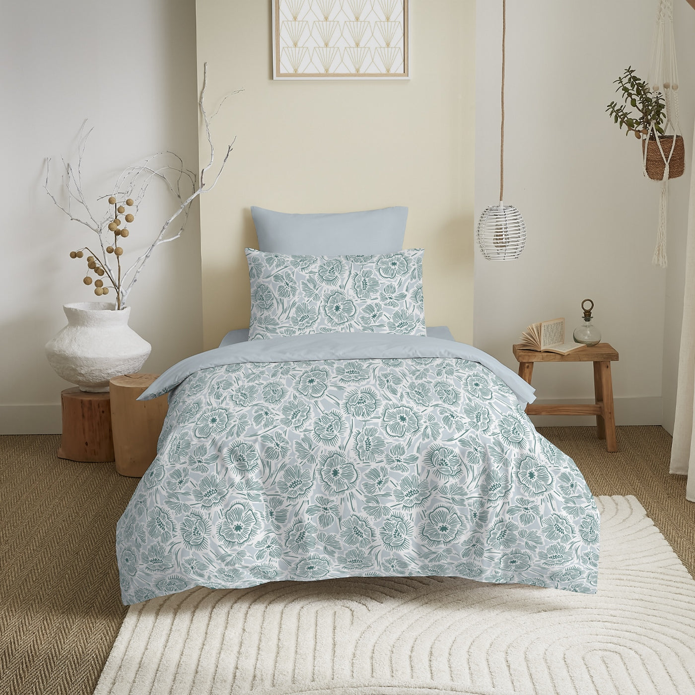 Pack Complet Imprimé (Housse De Couette + Taie(s) + Drap Housse) - 100% Coton 57 Fils - Agathe Celadon