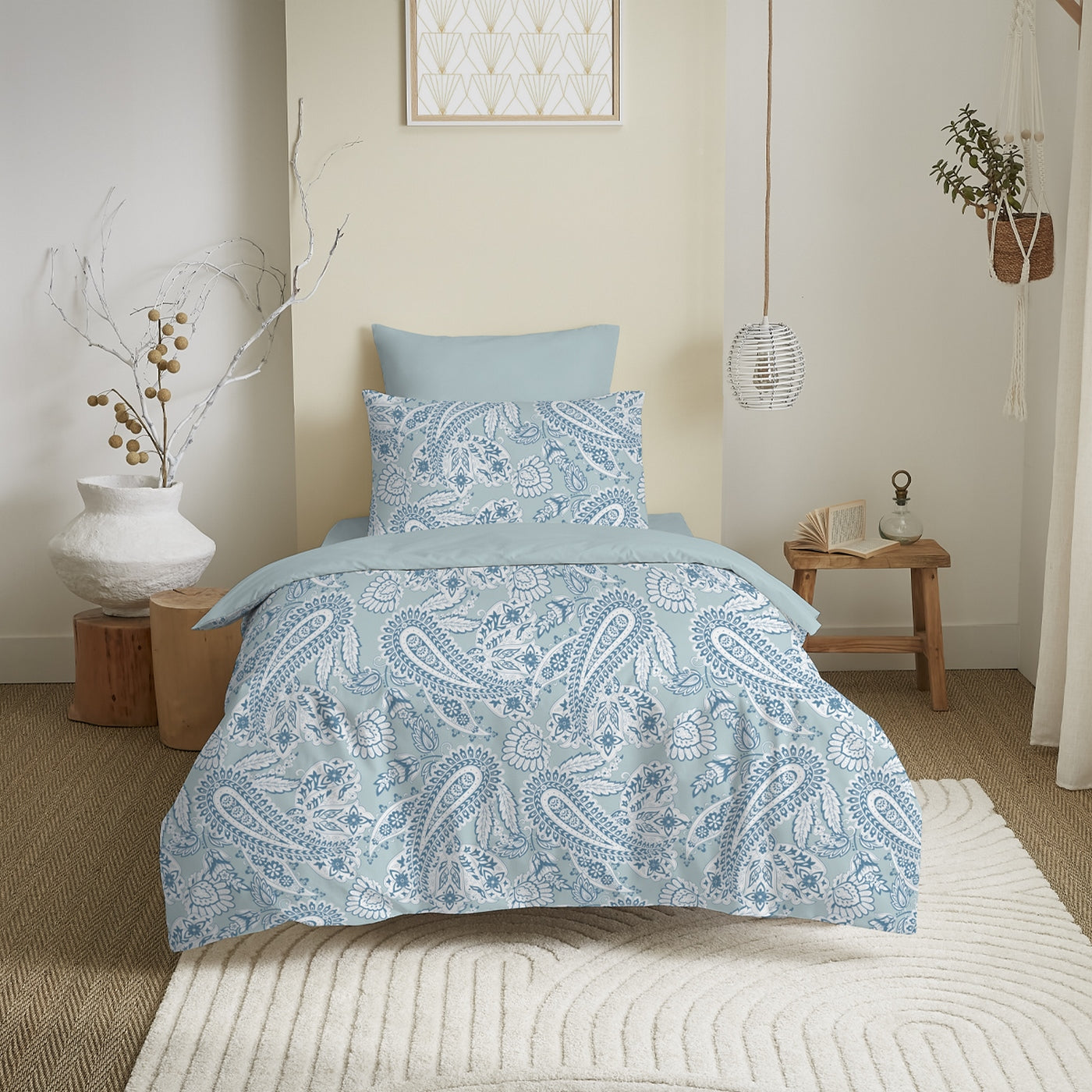 Pack Complet Imprimé (Housse De Couette + Taie(s) + Drap Housse) - 100% Coton 57 Fils - Cashemire Bleu